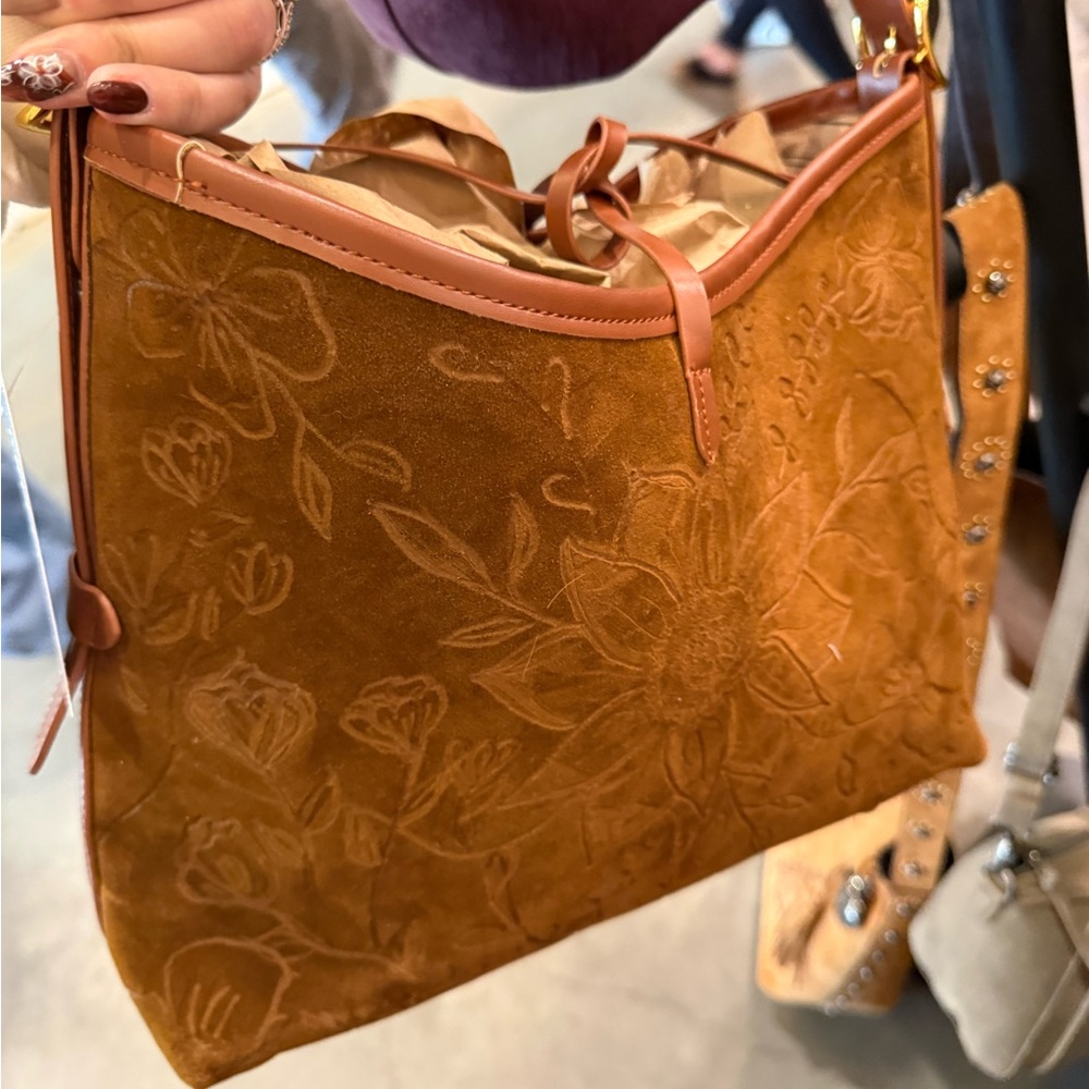 Floral Hand Burned Brown Suede Bag - Picture 2 of 2